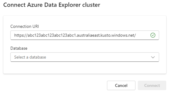 Skärmbild av anslutningsfönstret som visar en Azure Data Explorer-kluster-URI. Knappen Anslut kluster är markerad.