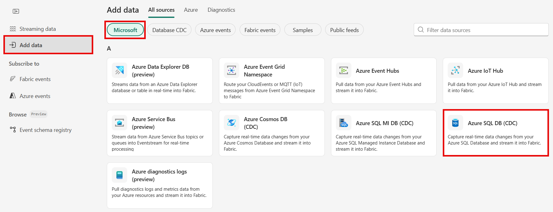 Skärmbild som visar valet av Azure SQL Database (CDC) som källtyp på sidan Datakällor.