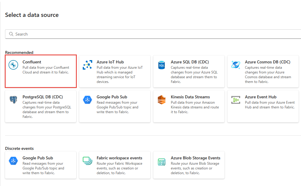 Skärmbild som visar valet av Confluent som källtyp i guiden Hämta händelser.