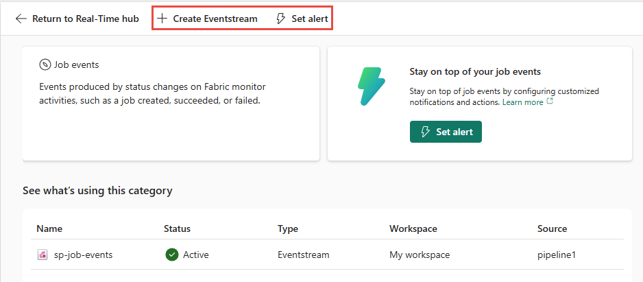 Skärmbild som visar åtgärder på sidan Jobbhändelser.
