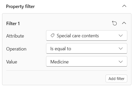 Skärmbild som visar avsnittet Egenskapsfilter i fönstret Definition.