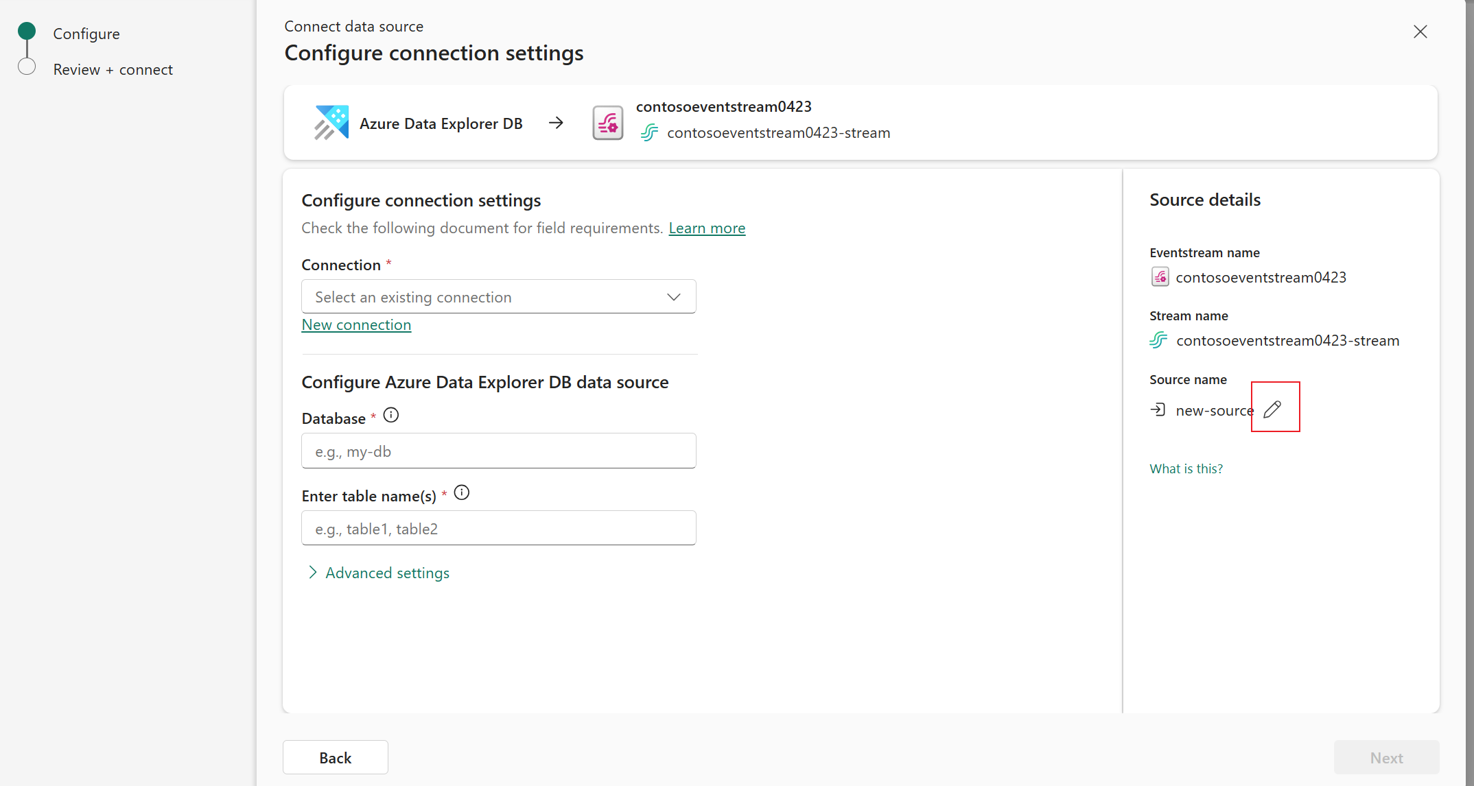 Skärmbild som visar pennknappen för att lägga till ett källnamn.