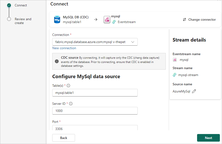 En skärmbild av att välja Tabeller, Server-ID och Port för Azure MySQL DB-anslutningen (CDC).