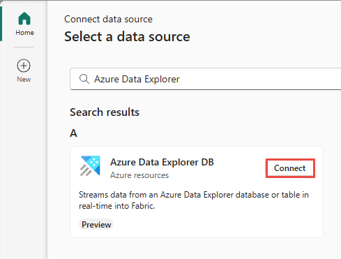 Skärmbild som visar valet av Azure Data Explorer som källtyp i guiden för att hämta händelser.