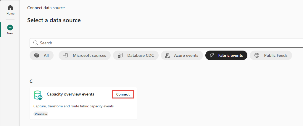 Skärmbild som visar valet av Fabric kapacitetsöversiktshändelser som källtyp.
