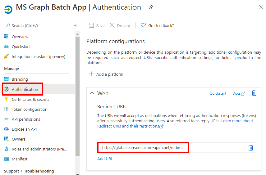 A screen shot of the Redirect URIs blade in the Entra admin center