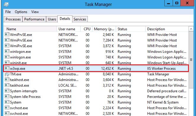 Screenshot showing the Task Manager process list running one instance of the w 3 w p executable file.