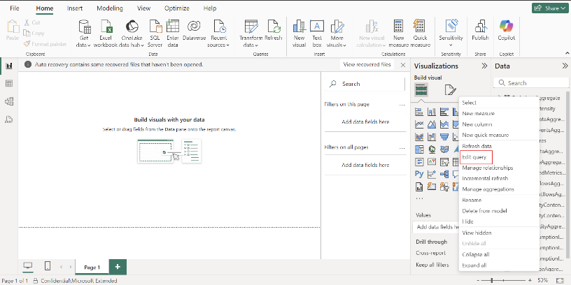 Skärmdump av öppnande Power Query redigerare.