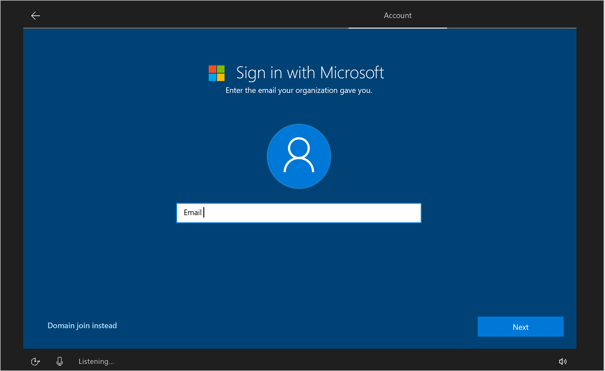 Exempel skärm bild av * * Logga in med Microsoft * *-skärmen, med Microsoft-logotypen och ett tomt e-postfält.