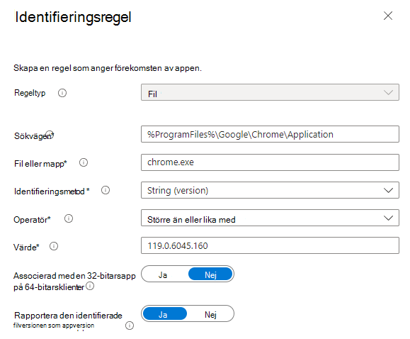 Skärmbild av filidentifieringsregeln.