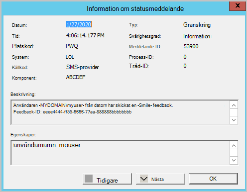 Statusmeddelande för att skicka feedback.