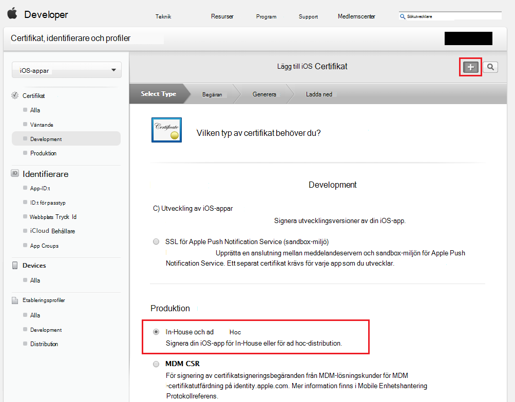 Välj In-House och ad hoc-certifikat