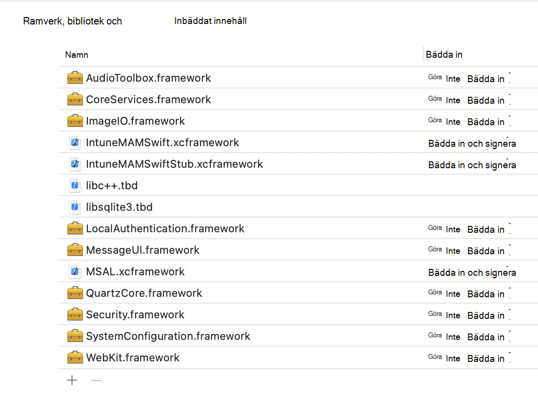 Intune App SDK iOS Framework: Xcode Frameworks, Libraries och Embedded Content sample