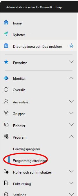 Skärmbild av Entra meny för appregistreringar i administrationscentret.