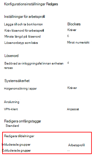 Skärmbild som visar hur du väljer tilldelningar för att distribuera profilen till användare och grupper i Microsoft Intune.