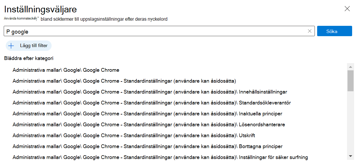 Skärmbild som visar Google Chrome-inställningarna i inställningskatalogen som är inbyggda för att Microsoft Intune och Intune administrationscenter. Använd de här inställningarna för att skapa och konfigurera en Google Chrome-princip på Windows-enheter.