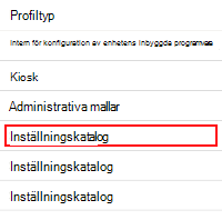 Skärmbild som visar hur du öppnar inställningskatalogen i Microsoft Intune och Intune administrationscenter.