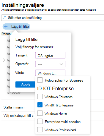 Skärmbild som visar inställningskatalogen när du filtrerar inställningslistan efter Windows-utgåva i Microsoft Intune och Intune administrationscenter.