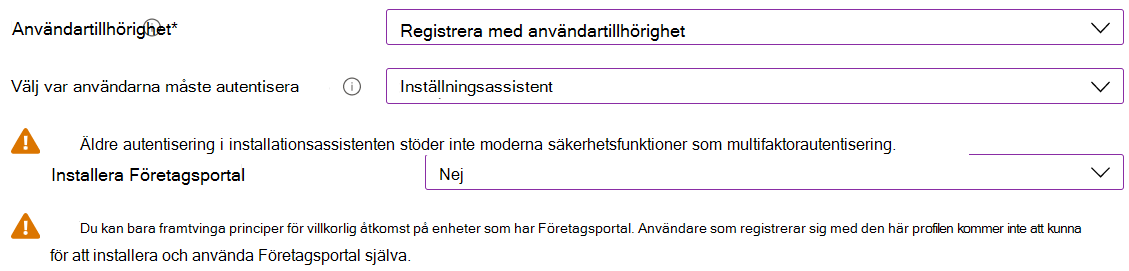 I Intune administrationscenter och Microsoft Intune registrerar du iOS/iPadOS-enheter med Hjälp av Apple Configurator. Välj Registrera med användartillhörighet, använd installationsassistenten för autentisering och installera inte appen Företagsportal.