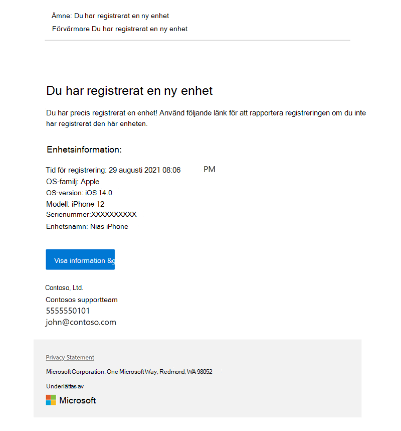 Exempelbild av ett registreringsmeddelande som konfigurerats i Intune och meddelar mottagaren att en enhet med namnet *Nia's iPhone