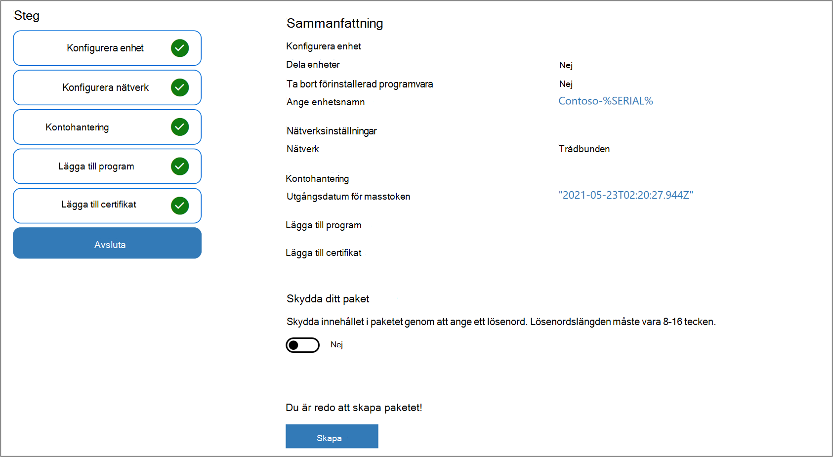 Skärmbild av paketskydd i Windows Configuration Designer -appen