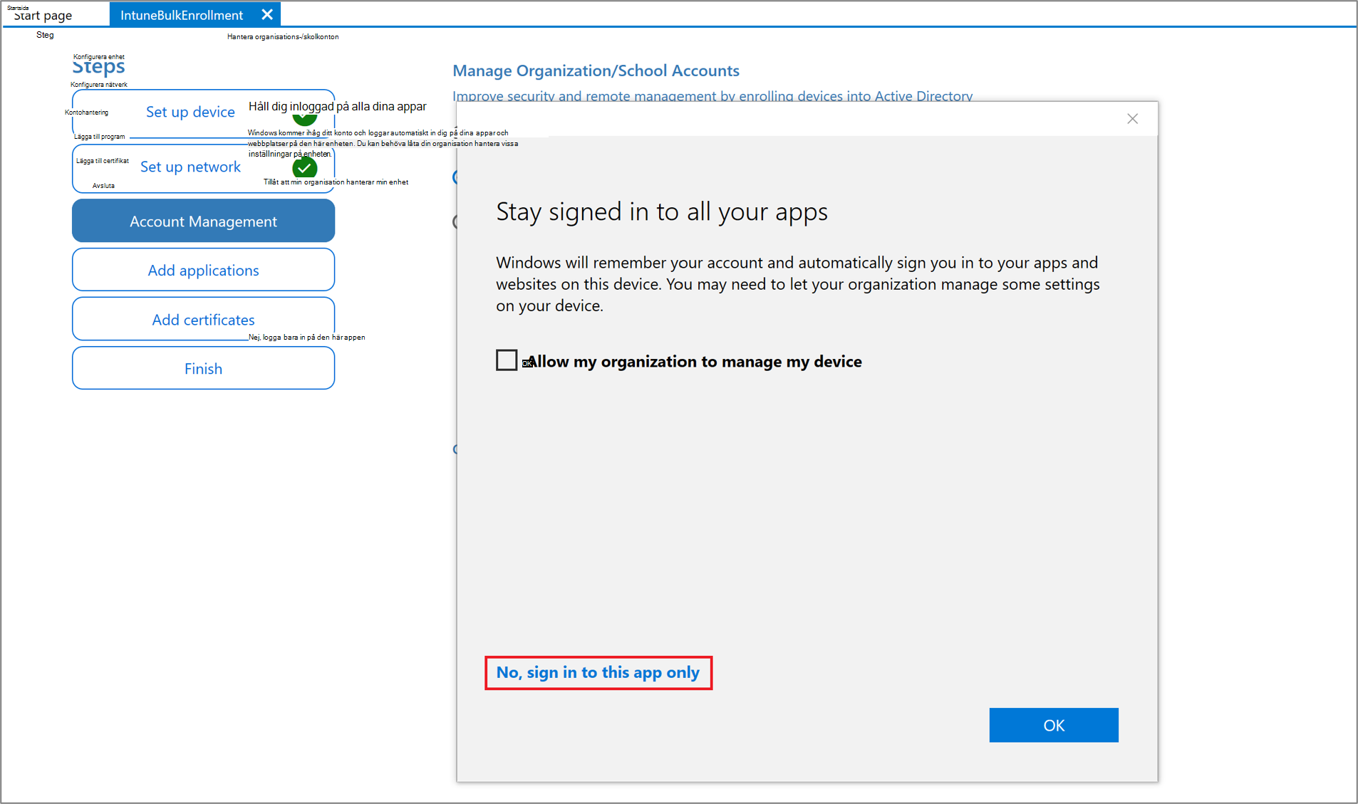 Skärmbild av inloggning i Windows Configuration Designer