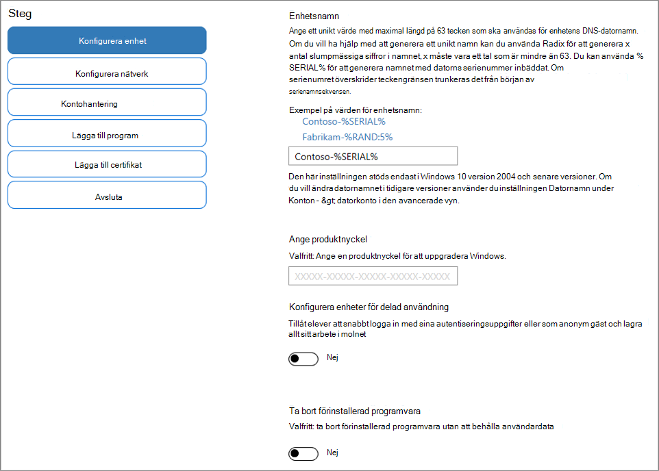 Skärmbild av hur du anger namn och produktnyckel i appen Windows Configuration Designer