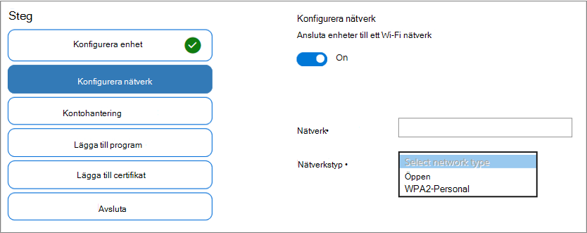 Skärmbild av aktivering av Wi-Fi, inklusive alternativ för nätverks-SSID och nätverkstyp i appen Windows Configuration Designer