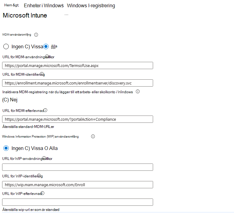 Skärmbild som visar Microsoft Entra MDM-användaromfång.