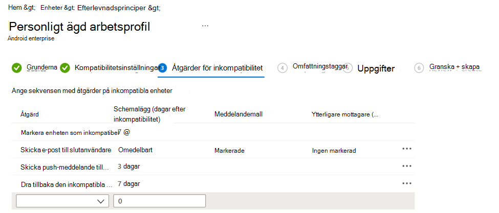 Skärmbild som visar en efterlevnadsprincip med åtgärder för inkompatibilitet i Microsoft Intune administrationscenter.