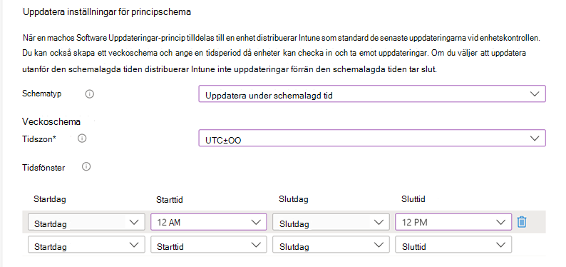 Skärmbild av schemainställningarna för Uppdateringsprincip.