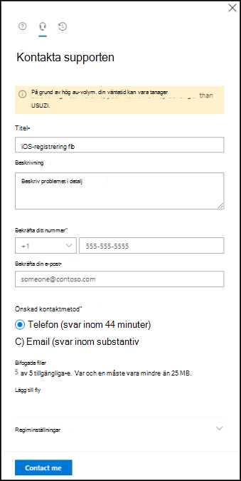 Skärmbild som visar kontaktsupportformuläret i Intune administrationscenter.