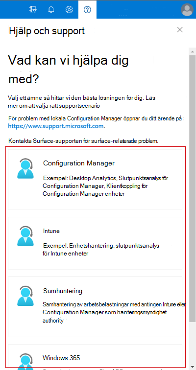 Skärmbild som visar tillgängliga hjälp- och supporttjänster i din prenumeration i Microsoft Intune administrationscenter.