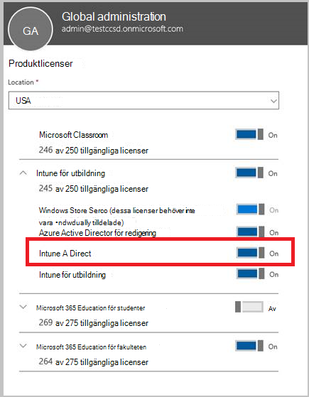 Skärmbild av sidan för produktlicenstilldelning som visar Intune en direktlicens har valts.