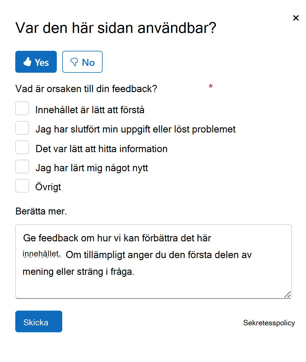 Skärmbild av feedbackavsnittet i en Microsoft Learn-artikel.
