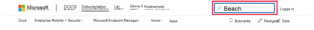 Docs-sökfält i sidhuvud.