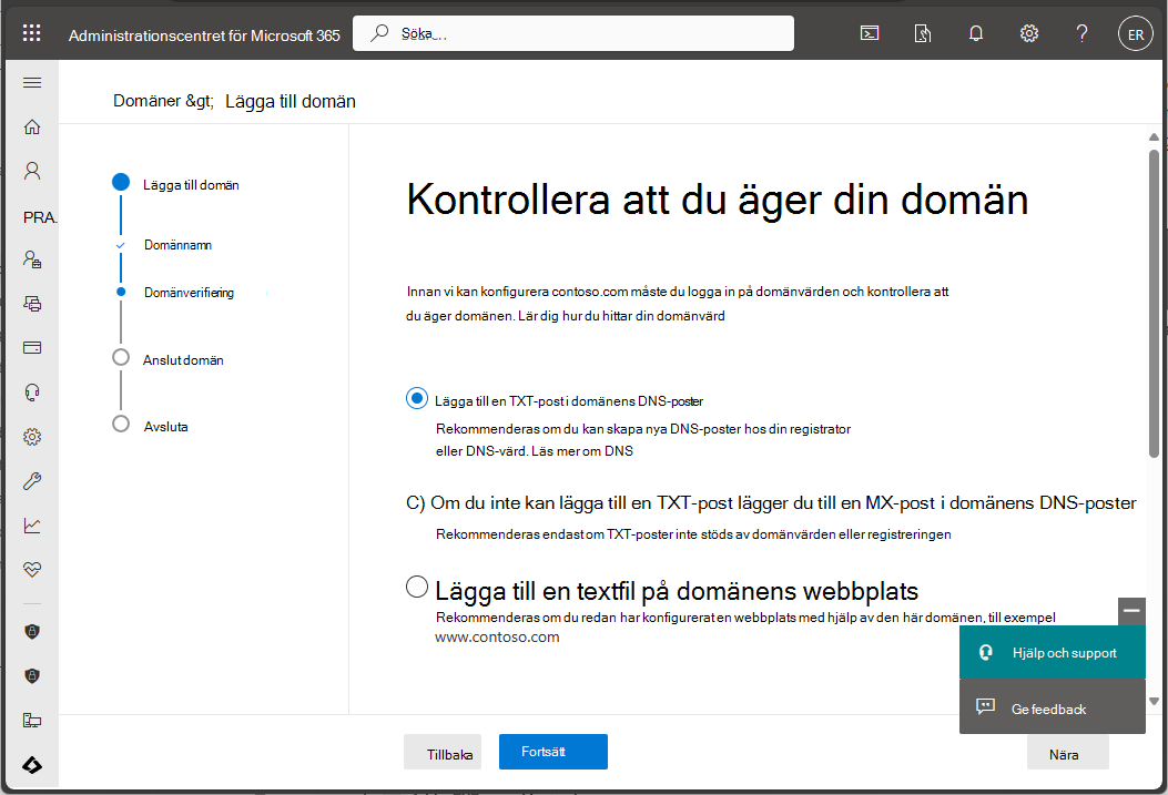Skärmbild av Administrationscenter för Microsoft 365 – Verifiera domänägarskap.