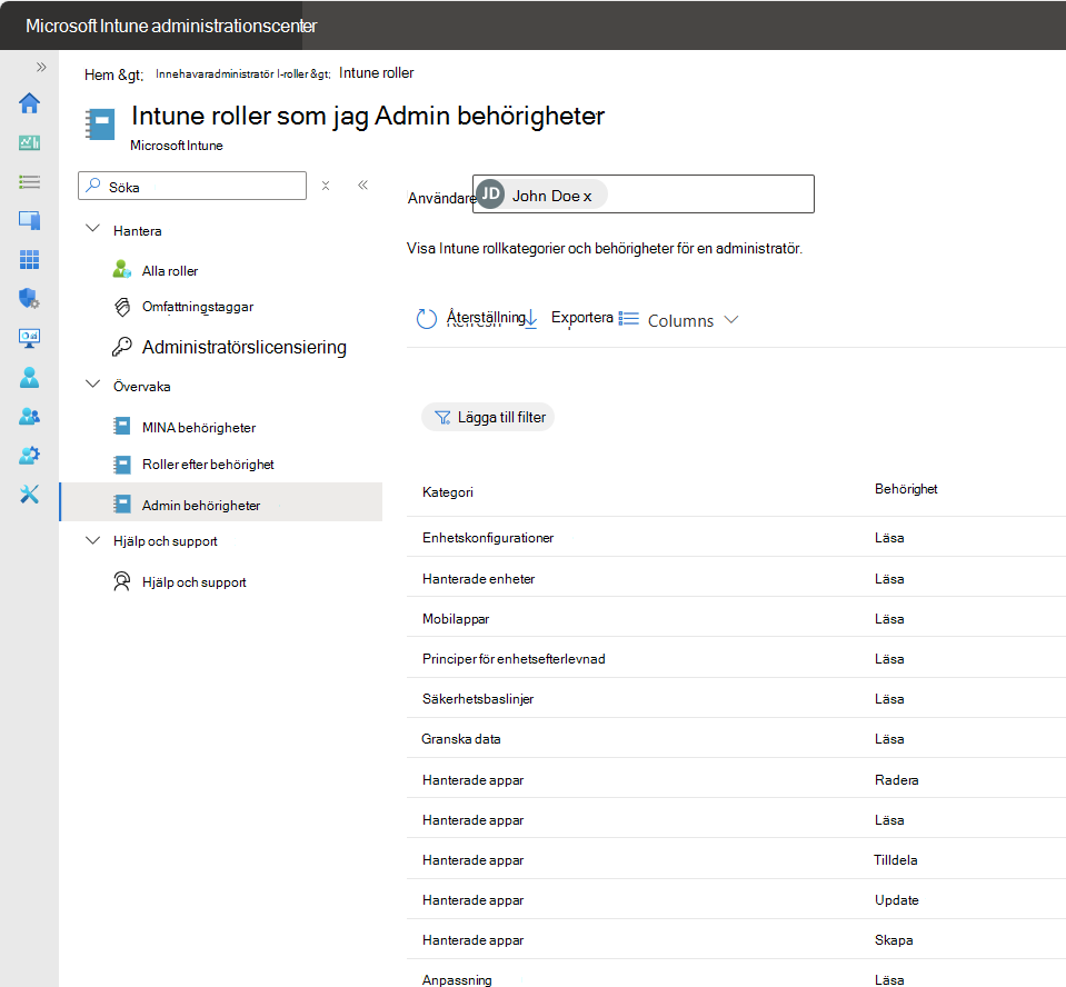 En skärmdump som visar ett exempel på vyn Admin behörigheter i Intune administrationscenter.