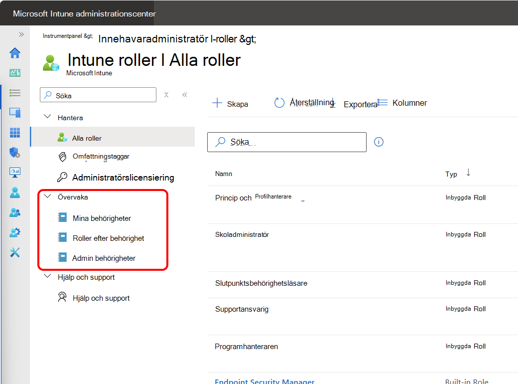En skärmdump av alternativen för övervakning av RBAC från Intune administrationscenter.