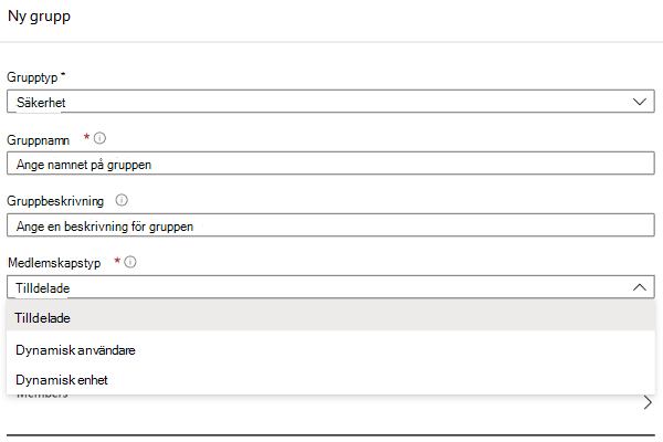 Skärmbild som visar fönstret Ny grupp från Entra i Intune administrationscenter.