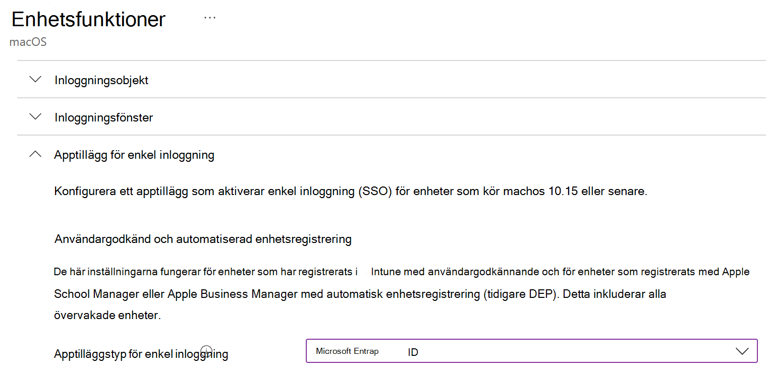 Skärmbild som visar apptilläggstypen för enkel inloggning och Microsoft Entra-ID för macOS i Intune