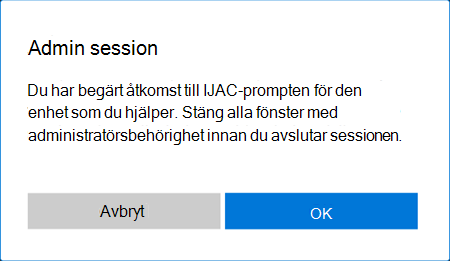Skärmbild av uppmaningen att aktivera stöd för utökade privilegier under en fjärrhjälpssession i Windows.