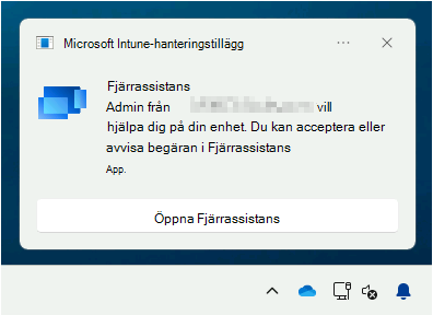 En skärmbild av resursens dator som visar uppmaningen att starta en Fjärrassistans session med hjälp av fjärrstartsfunktionen.