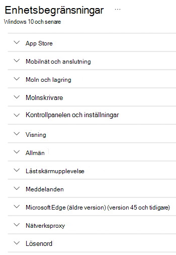 Alla inställningar för enhetsbegränsningar för Windows-enheter i Microsoft Intune.
