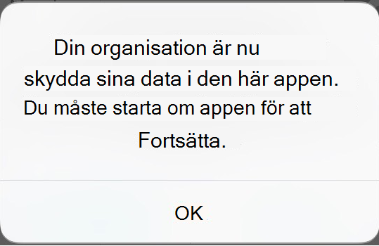 Skärmbild av meddelande på skärmen som tagits emot om skyddad app.