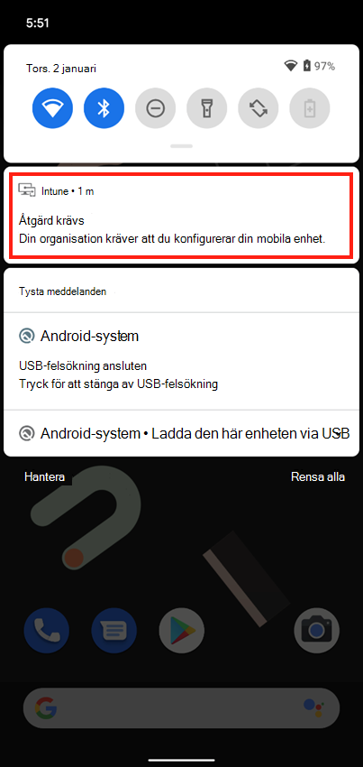 Skärmbild av push-meddelandet Intune app på enhetens startskärm.
