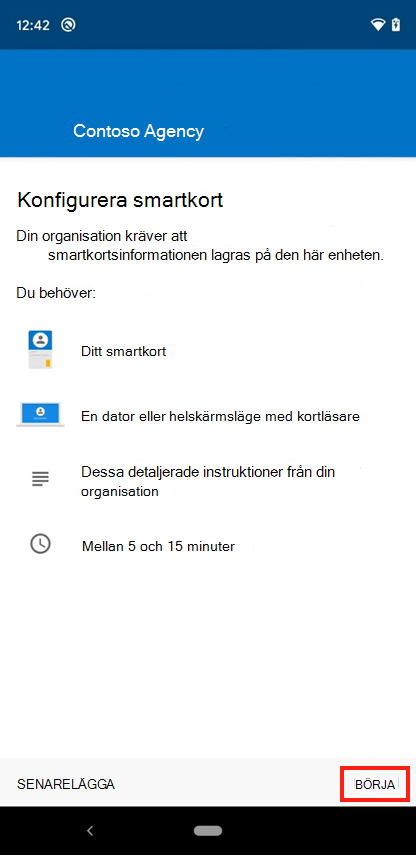 Skärmbild av Intune-appen Konfigurera åtkomstskärmen för mobilt smartkort.