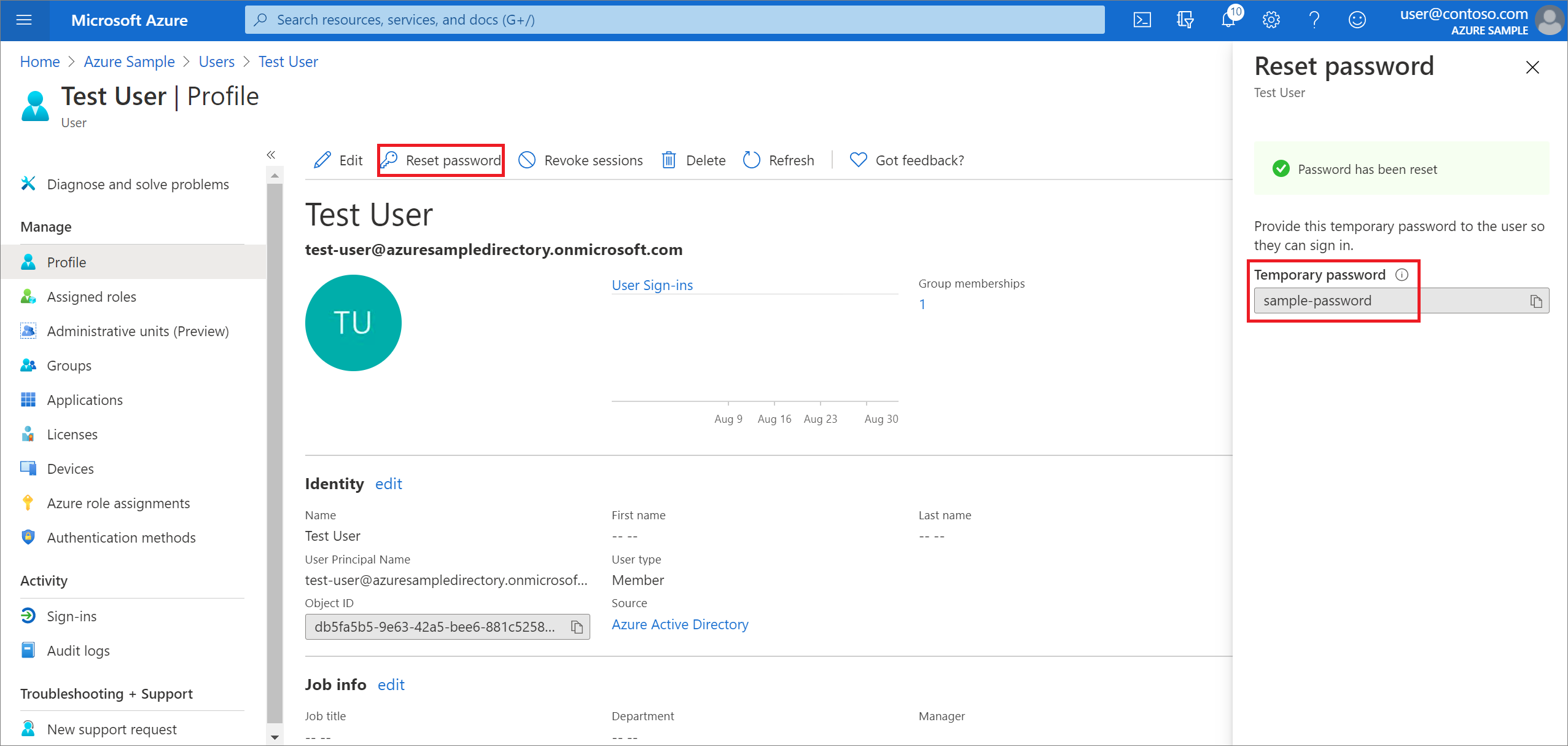 Screenshot of user with 'Temporary password' field highlighted.