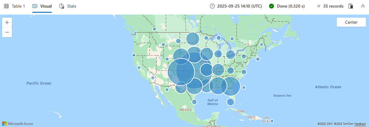Skärmbild av Webbgränssnittet för Azure Data Explorer som visar en geospatial karta över tornadostormar.