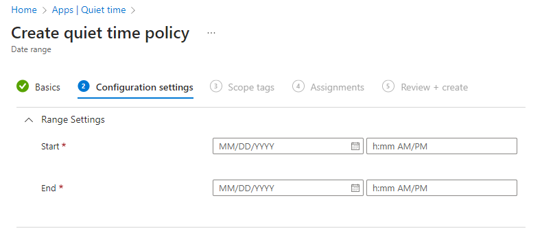 Skärmbild av Microsoft Intune tyst tid – Konfigurera princip för datumintervall